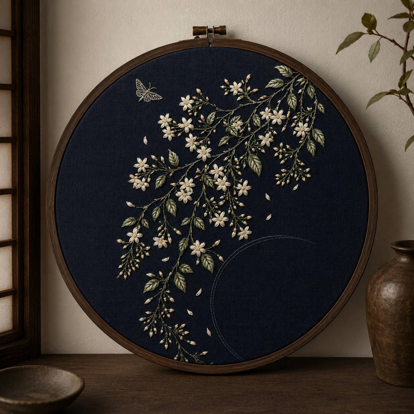 Night Jasmine Scent embroidered project idea for the digital hand embroidery pattern and stitch guide