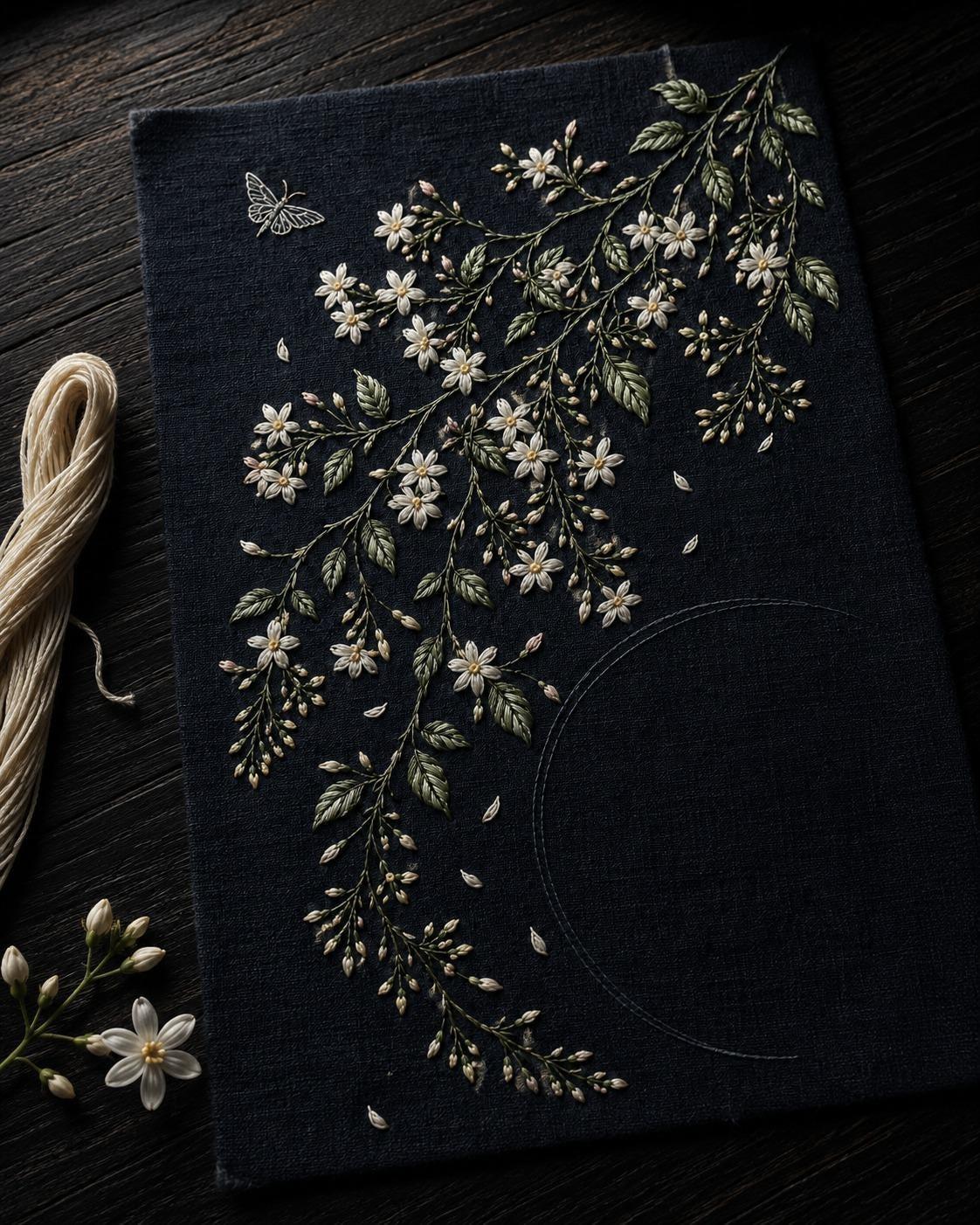 Night Jasmine Scent finished design flatlay for the digital hand embroidery pattern and stitch guide
