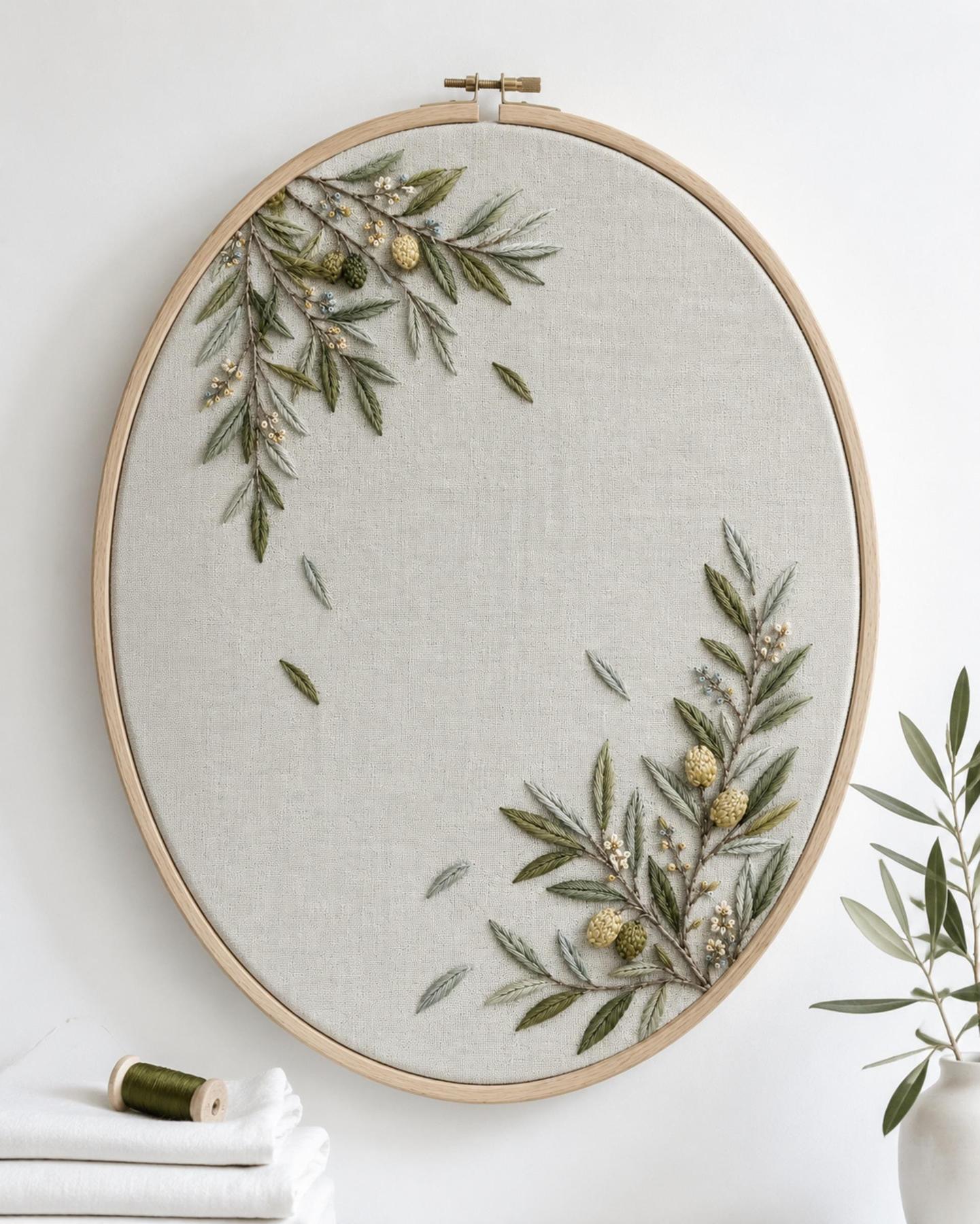 Olive Grove Silver Leaf embroidered project idea for the digital hand embroidery pattern and stitch guide
