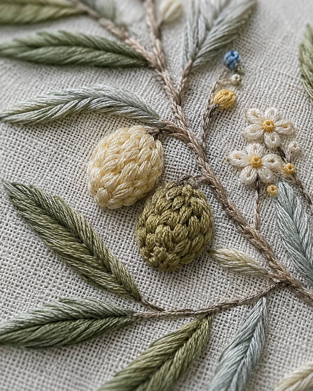 Olive Grove Silver Leaf stitch detail closeup for the digital hand embroidery pattern and stitch guide