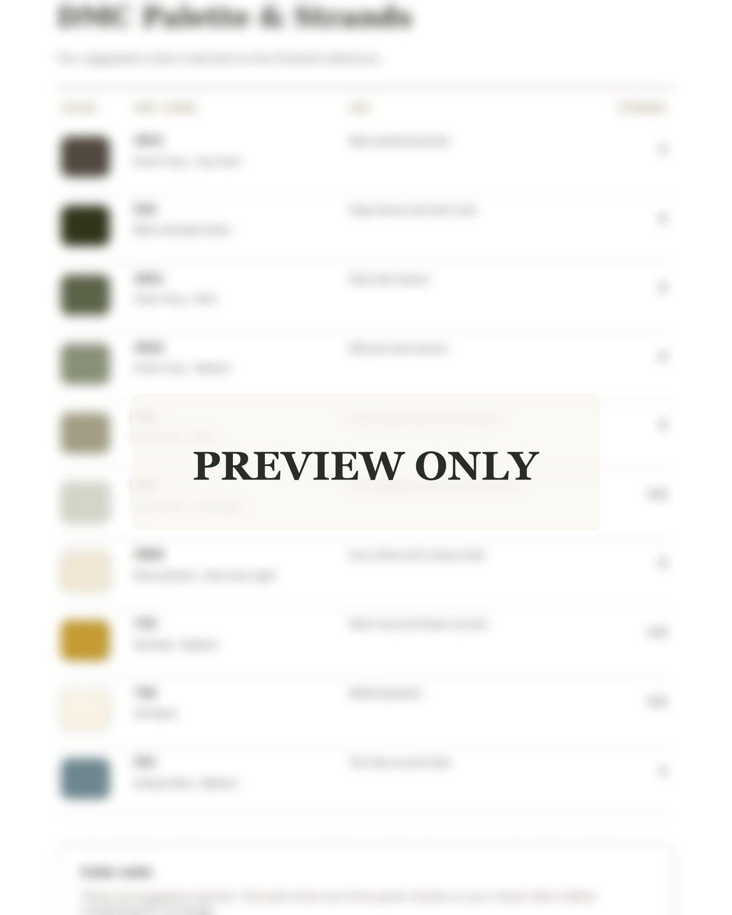 Olive Grove Silver Leaf dmc colour palette preview for the digital hand embroidery pattern and stitch guide