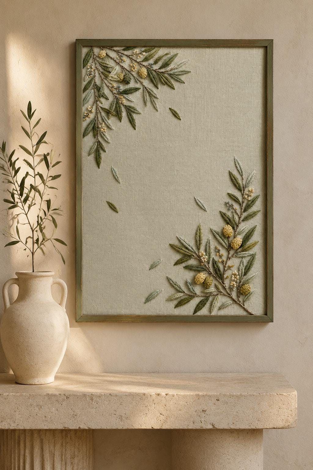 Olive Grove Silver Leaf framed textile display for the digital hand embroidery pattern and stitch guide