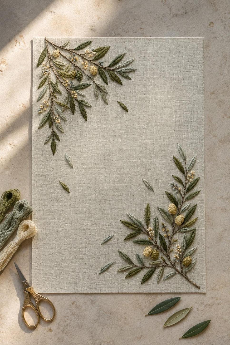 Olive Grove Silver Leaf finished design flatlay for the digital hand embroidery pattern and stitch guide