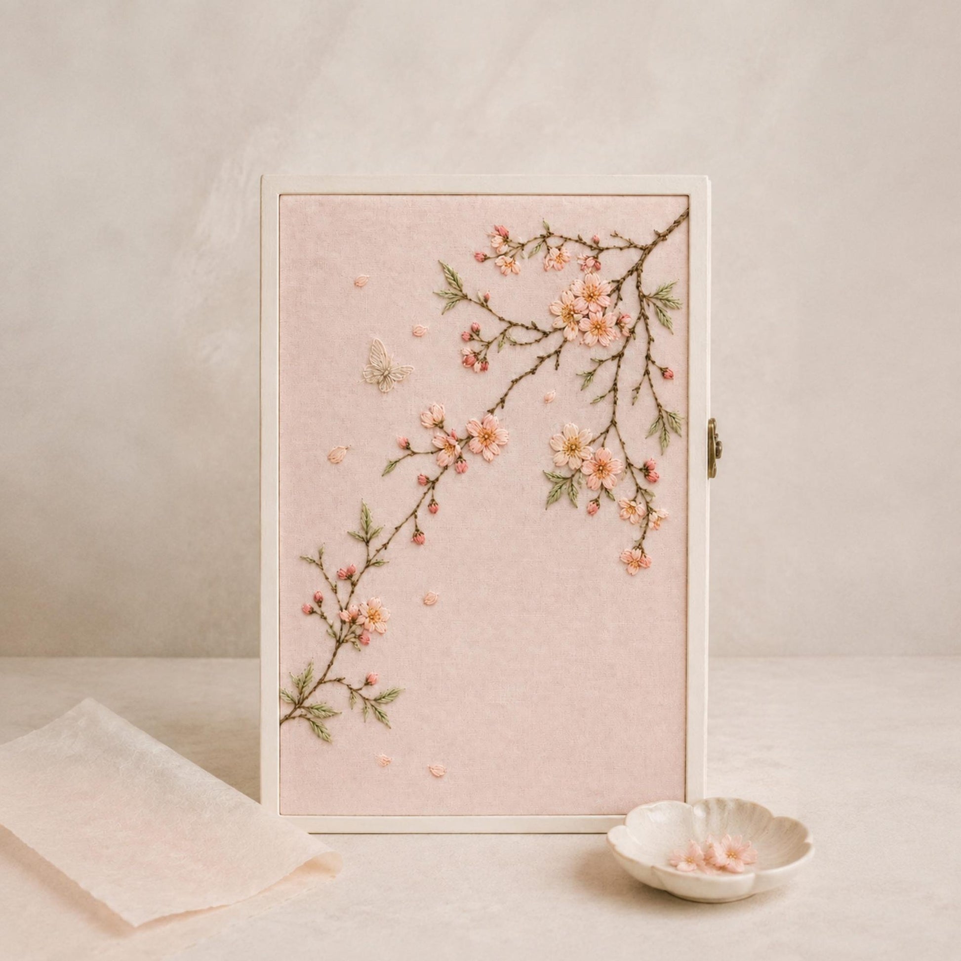 Pale Pink Blossom Whisper finished hoop hero for the digital hand embroidery pattern and stitch guide