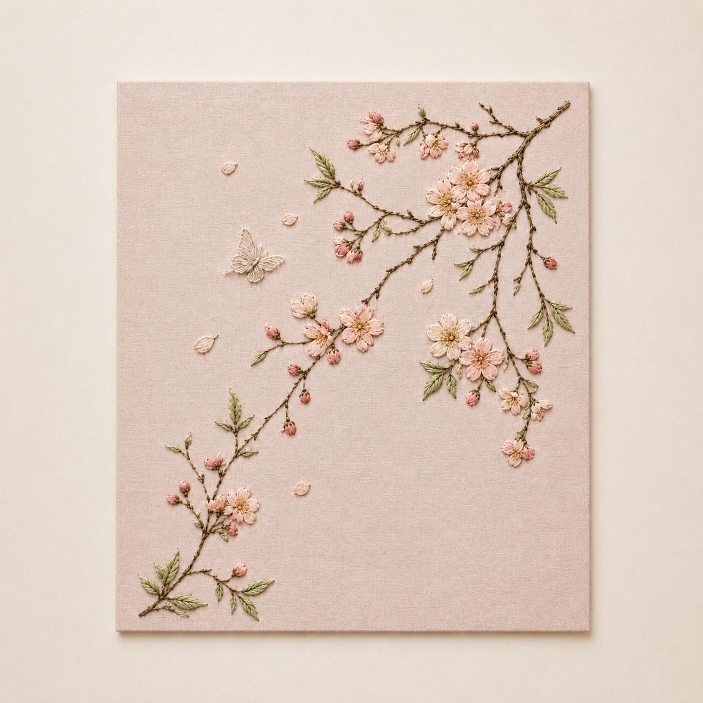 Pale Pink Blossom Whisper finished design flatlay for the digital hand embroidery pattern and stitch guide