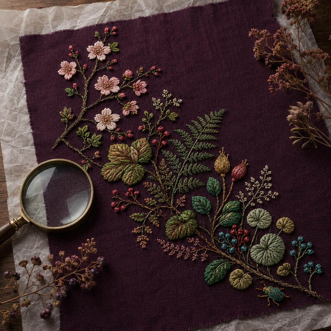 Plum Ground Woodland Blossom finished hoop hero for the digital hand embroidery pattern and stitch guide