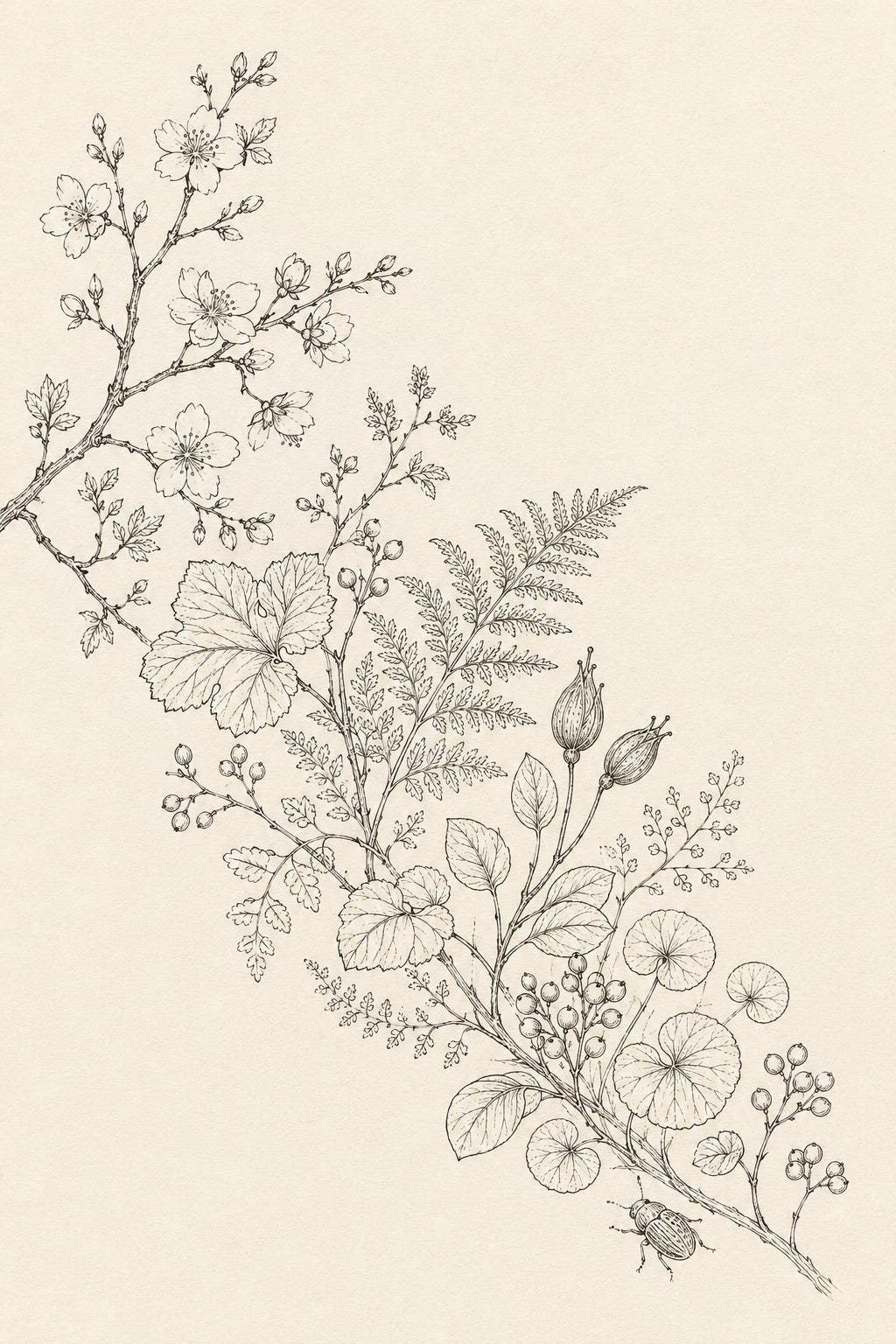 Plum Ground Woodland Blossom transfer linework preview for the digital hand embroidery pattern and stitch guide