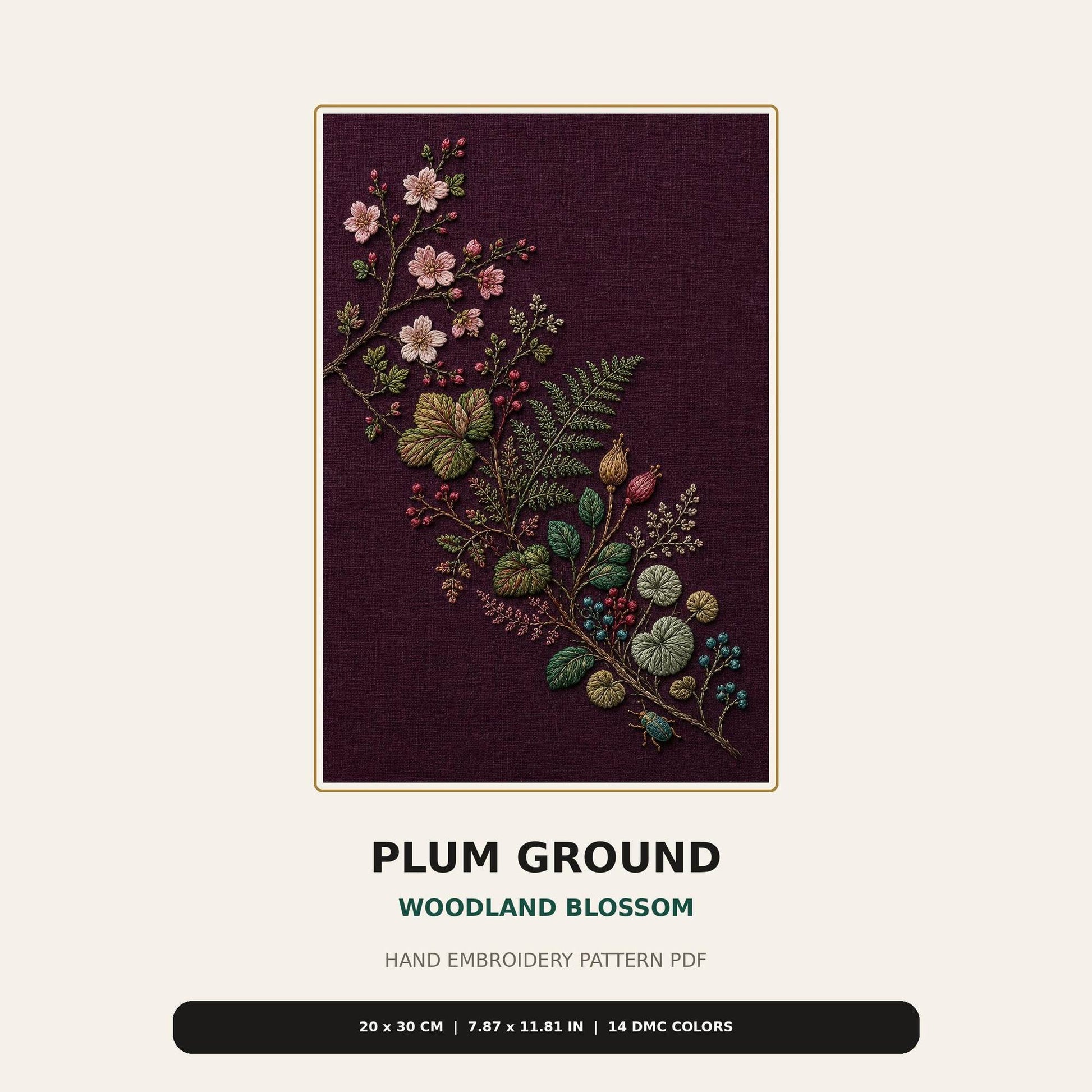 Plum Ground Woodland Blossom pattern edition overview for the digital hand embroidery pattern and stitch guide