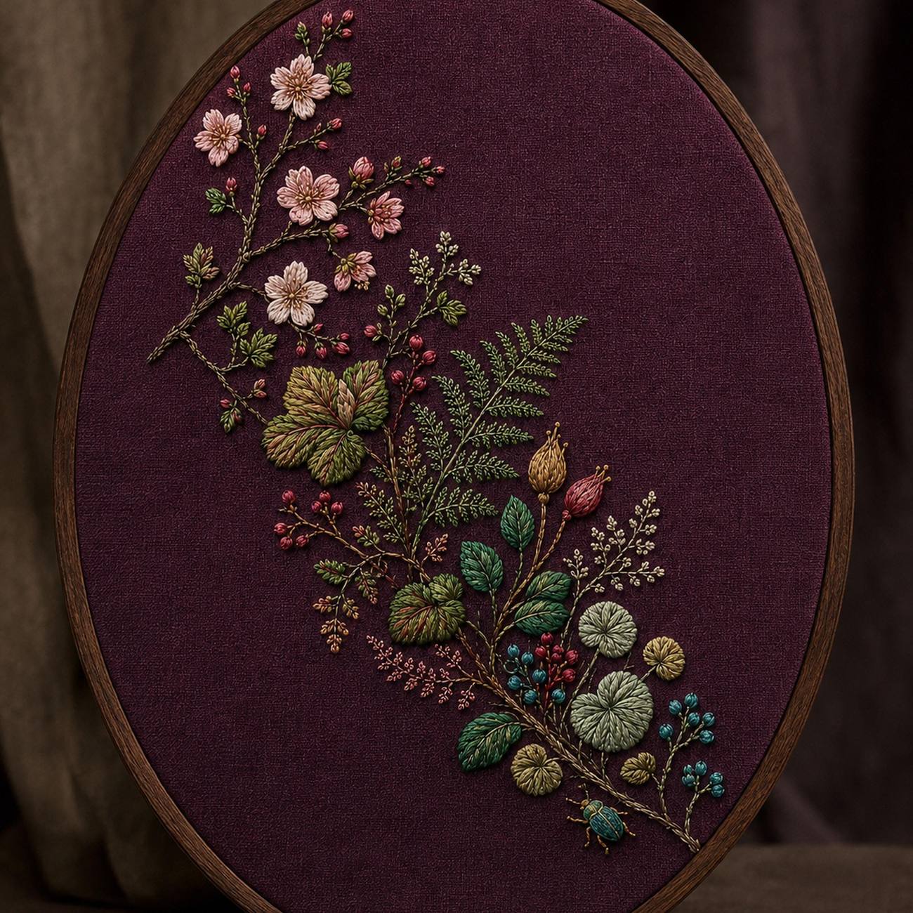 Plum Ground Woodland Blossom embroidered project idea for the digital hand embroidery pattern and stitch guide