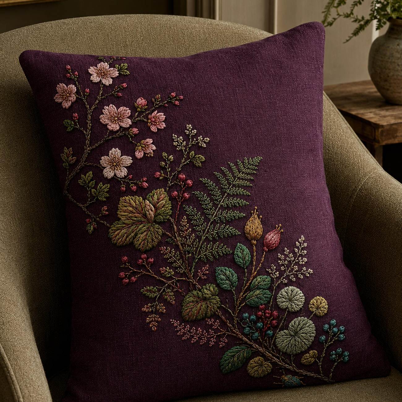 Plum Ground Woodland Blossom stitch detail closeup for the digital hand embroidery pattern and stitch guide