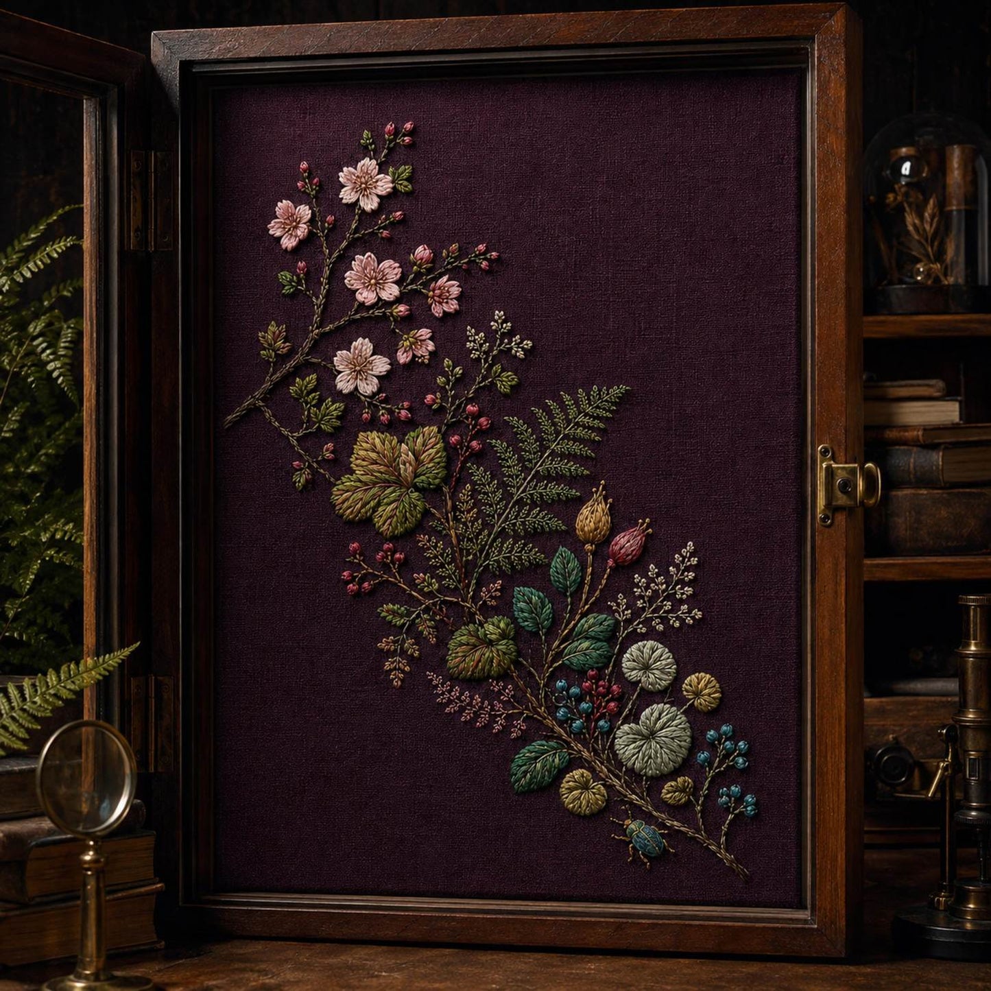 Plum Ground Woodland Blossom embroidery portfolio display for the digital hand embroidery pattern and stitch guide