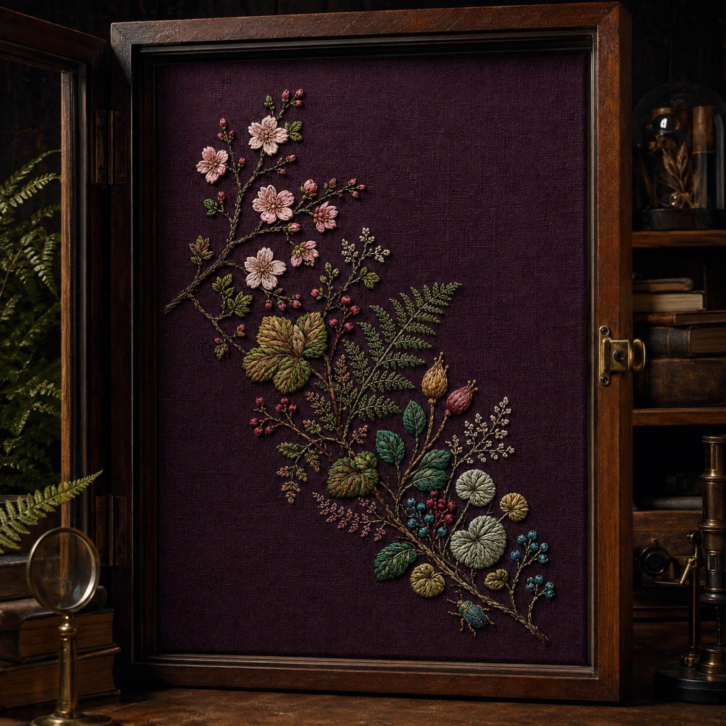 Plum Ground Woodland Blossom embroidery portfolio display for the digital hand embroidery pattern and stitch guide