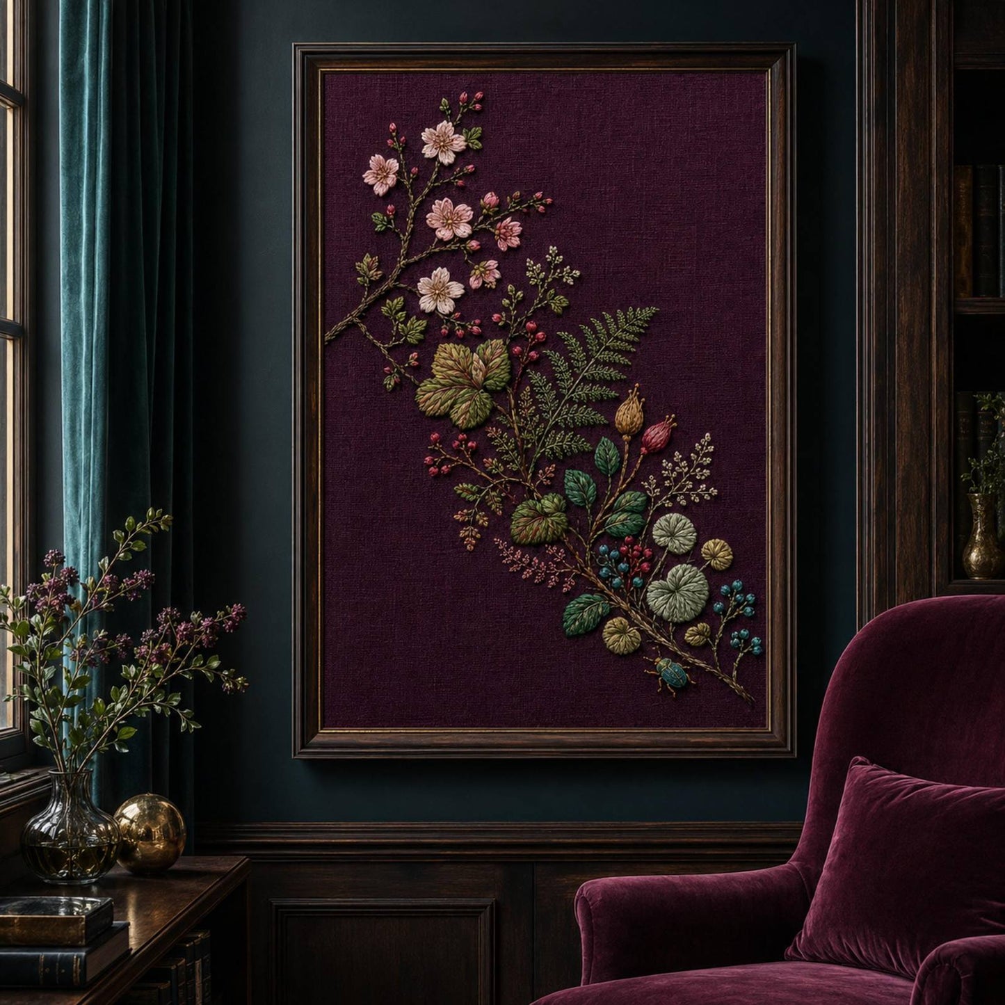 Plum Ground Woodland Blossom finished design flatlay for the digital hand embroidery pattern and stitch guide