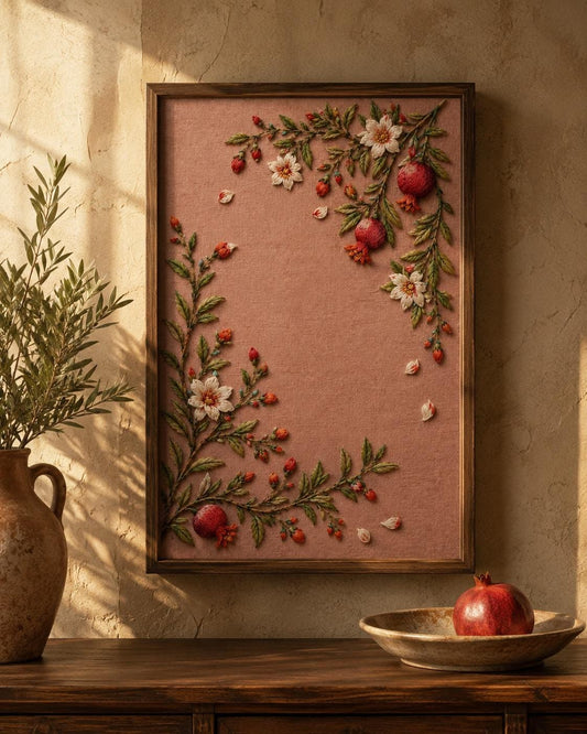 Pomegranate Blossom Orchard finished hoop hero for the digital hand embroidery pattern and stitch guide