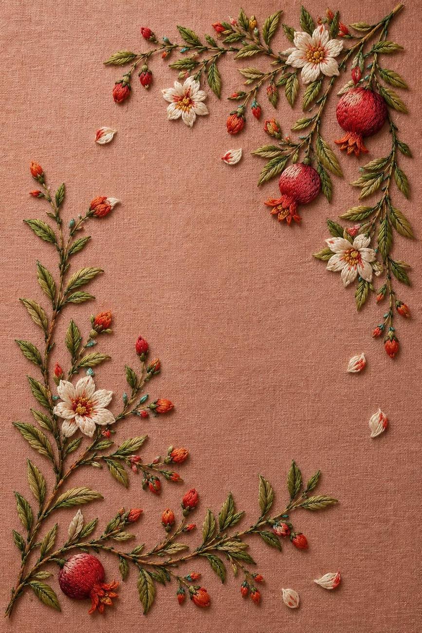 Pomegranate Blossom Orchard finished embroidery reference for the digital hand embroidery pattern and stitch guide