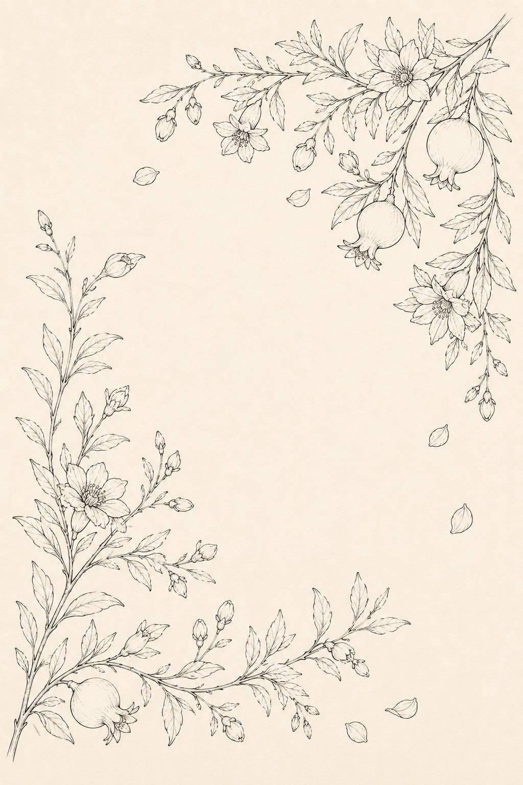 Pomegranate Blossom Orchard transfer linework preview for the digital hand embroidery pattern and stitch guide