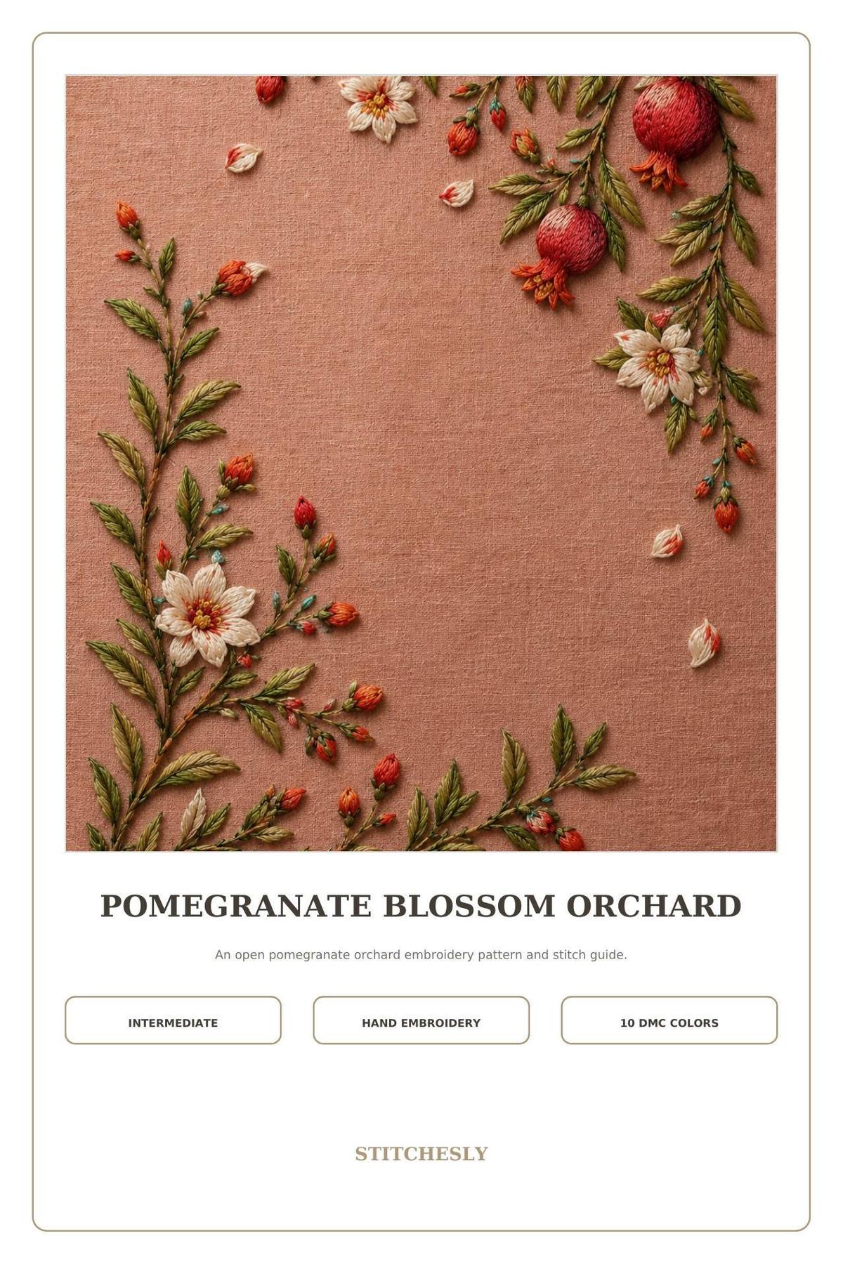 Pomegranate Blossom Orchard pattern edition overview for the digital hand embroidery pattern and stitch guide