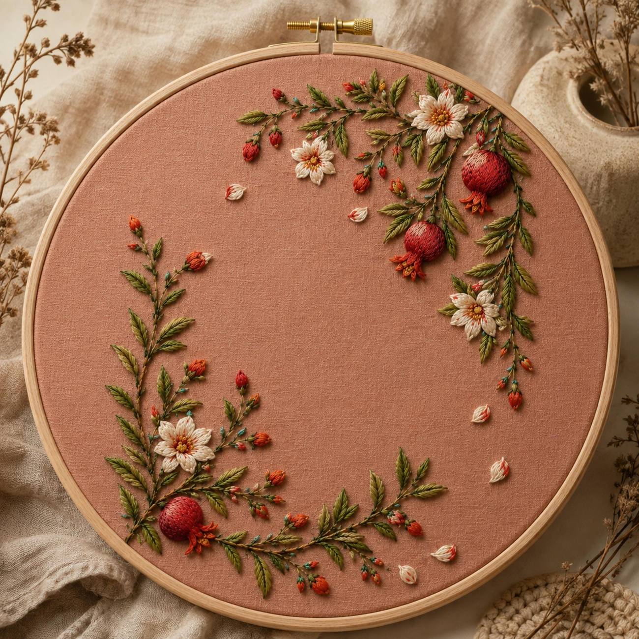 Pomegranate Blossom Orchard embroidered project idea for the digital hand embroidery pattern and stitch guide