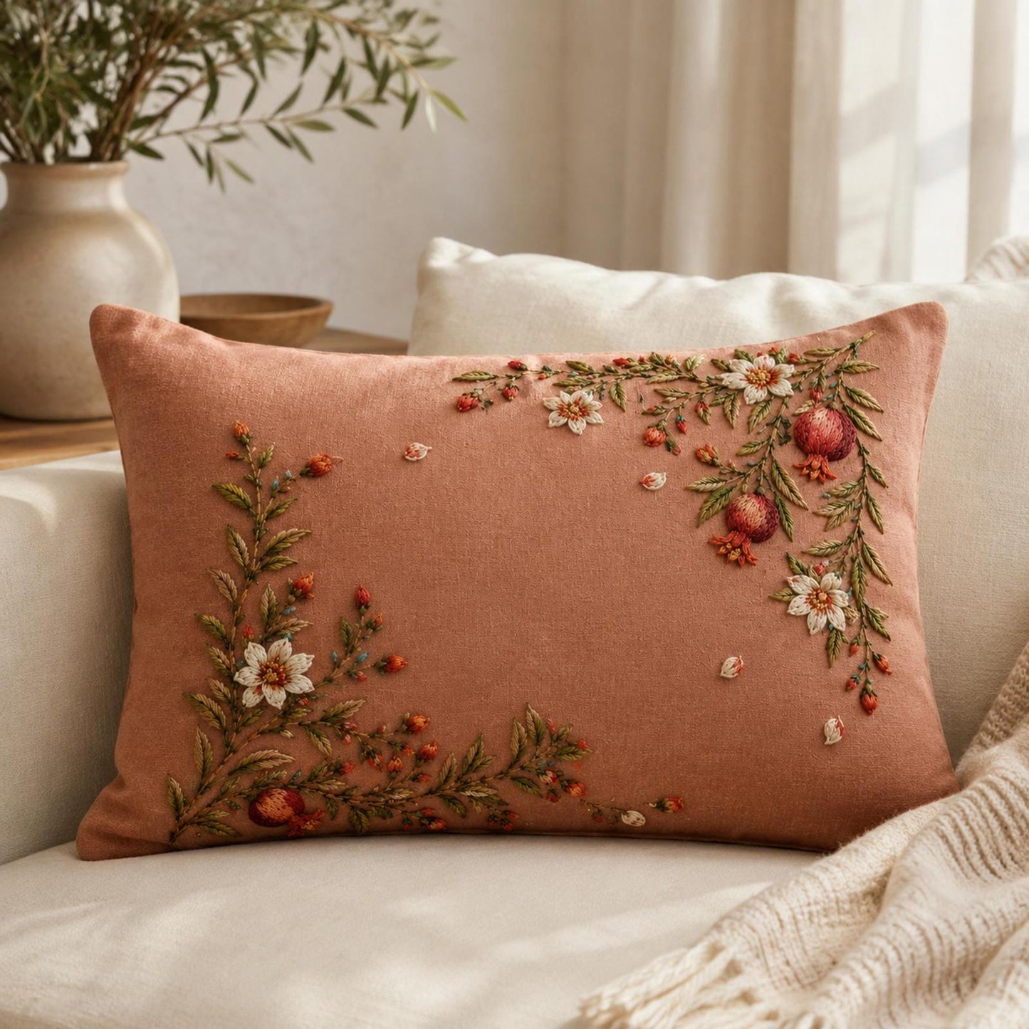 Pomegranate Blossom Orchard stitch detail closeup for the digital hand embroidery pattern and stitch guide