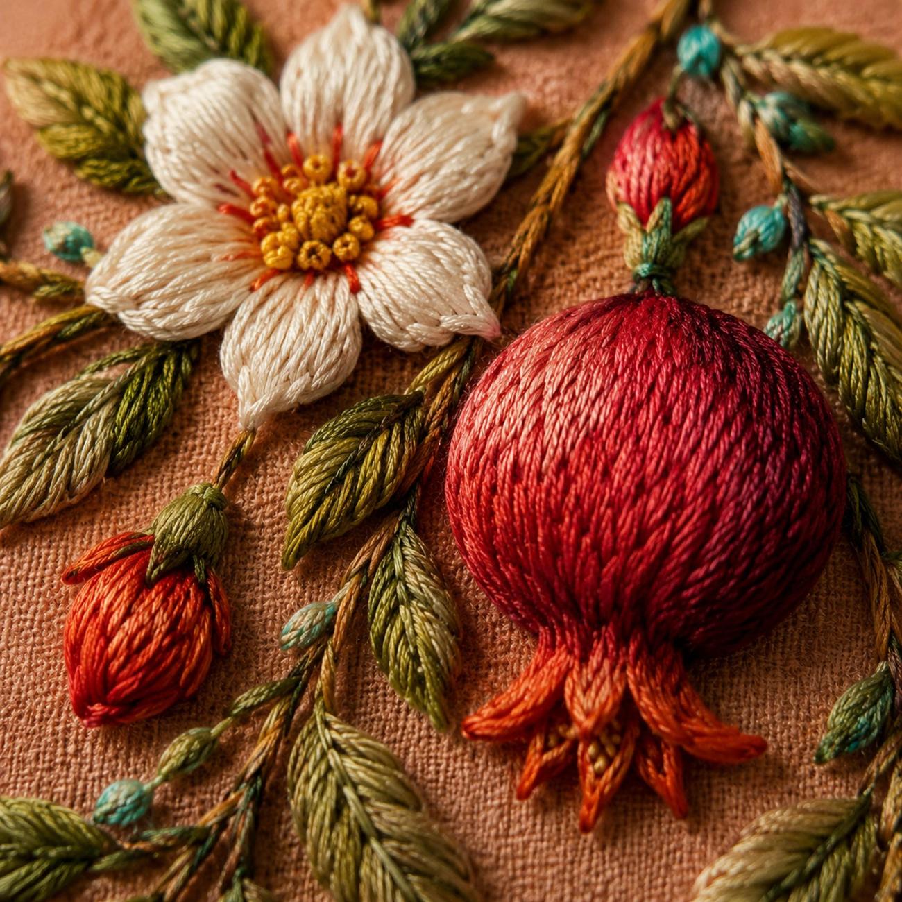 Pomegranate Blossom Orchard stitch guide preview for the digital hand embroidery pattern and stitch guide