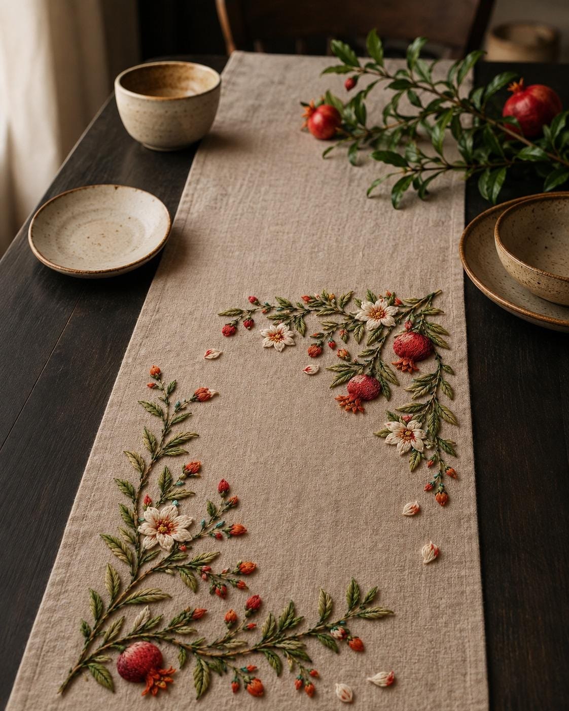 Pomegranate Blossom Orchard embroidery portfolio display for the digital hand embroidery pattern and stitch guide
