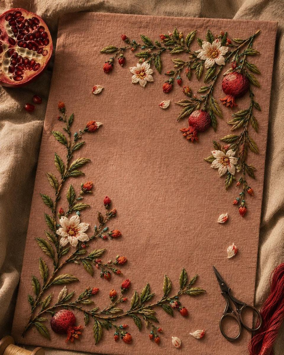 Pomegranate Blossom Orchard finished design flatlay for the digital hand embroidery pattern and stitch guide