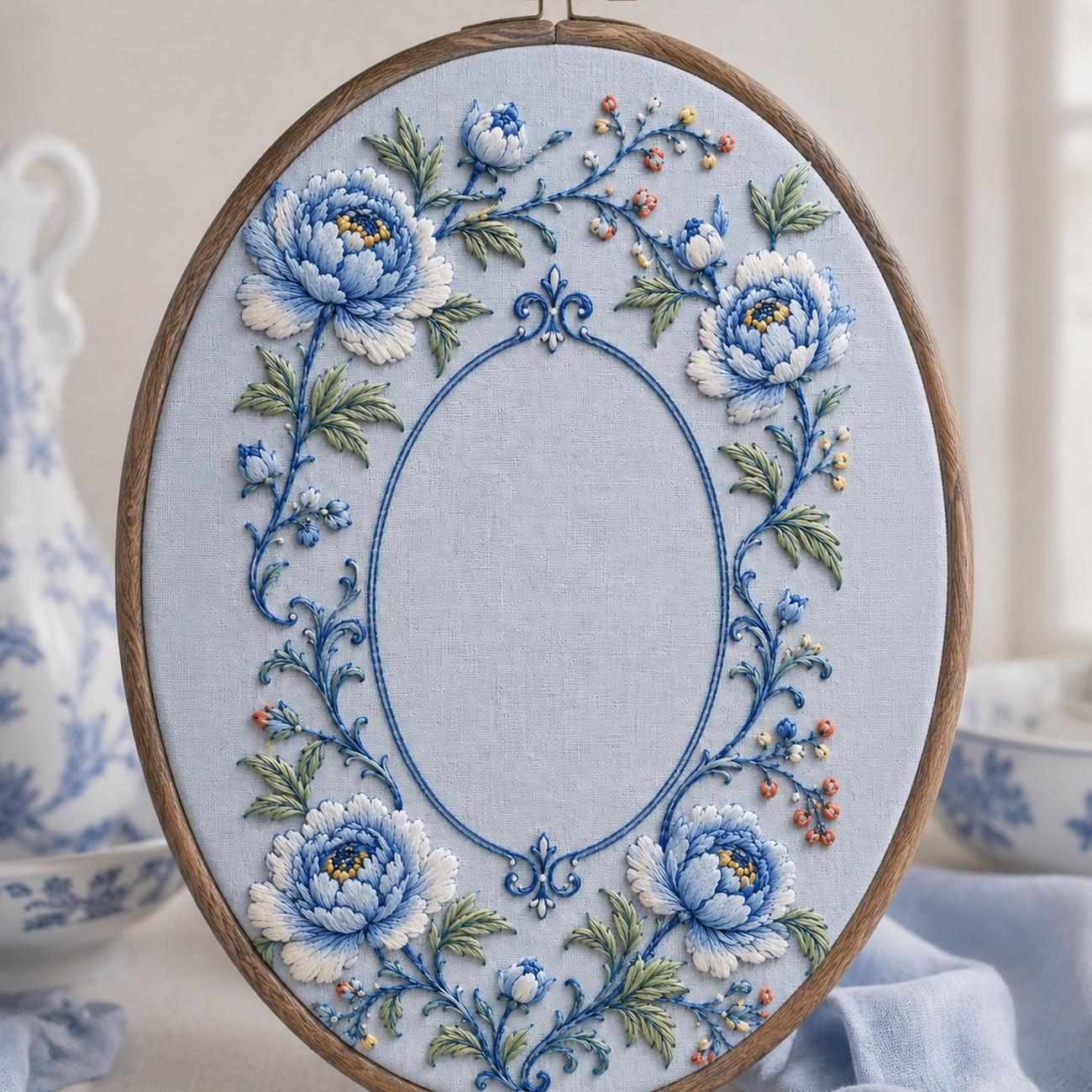Porcelain Blue Botanical finished hoop hero for the digital hand embroidery pattern and stitch guide