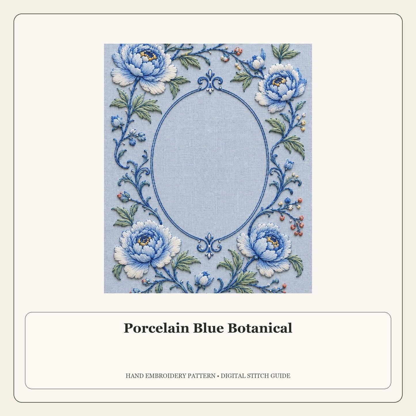 Porcelain Blue Botanical stitch guide cover for the digital hand embroidery pattern and stitch guide
