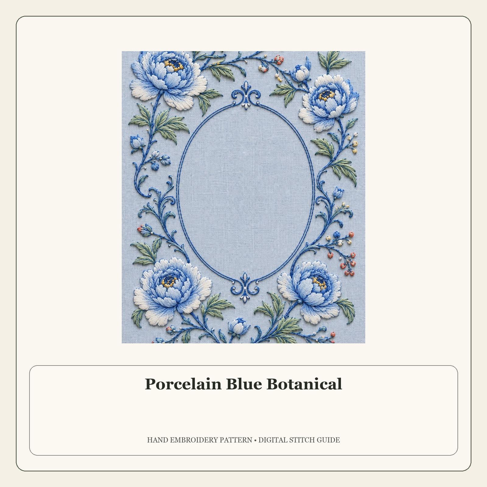 Porcelain Blue Botanical stitch guide cover for the digital hand embroidery pattern and stitch guide