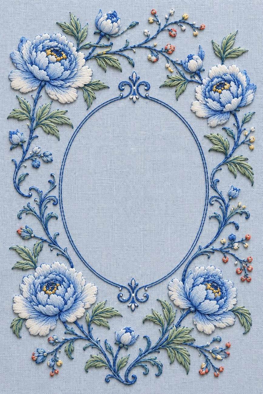 Porcelain Blue Botanical finished embroidery reference for the digital hand embroidery pattern and stitch guide
