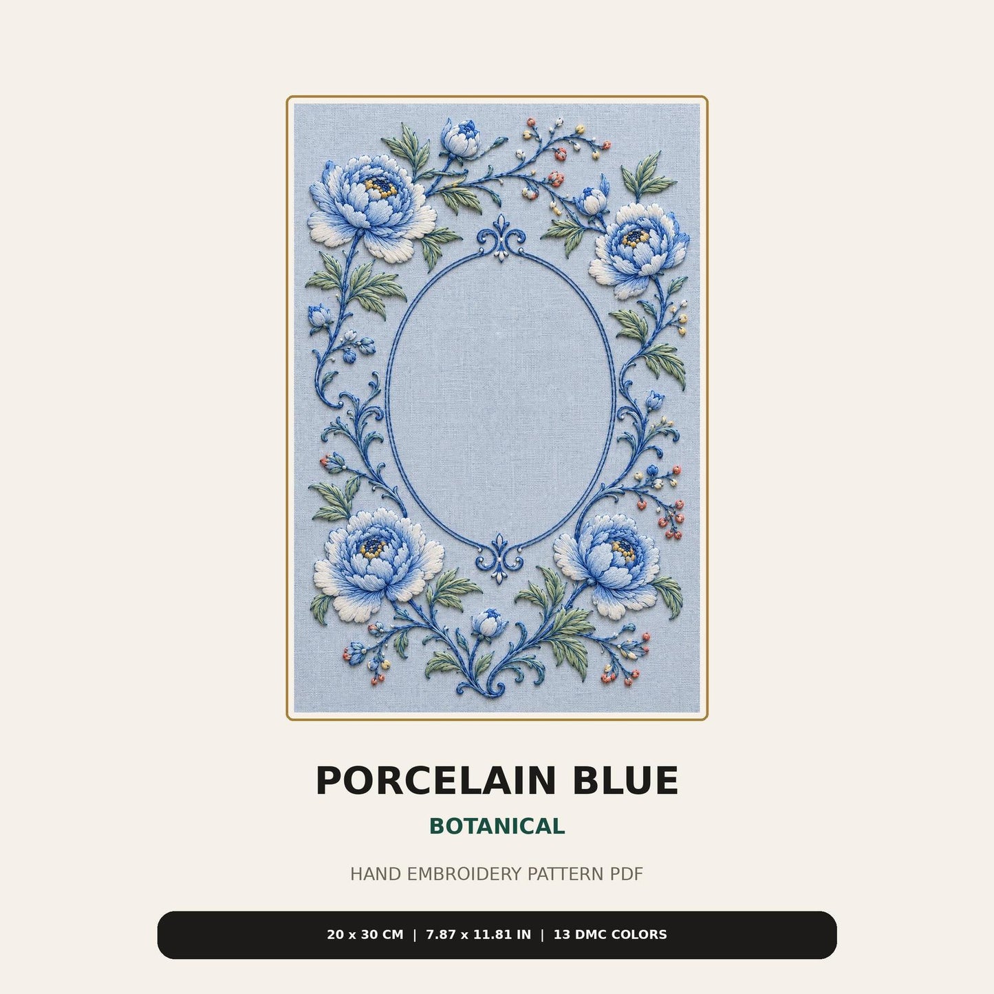 Porcelain Blue Botanical pattern edition overview for the digital hand embroidery pattern and stitch guide