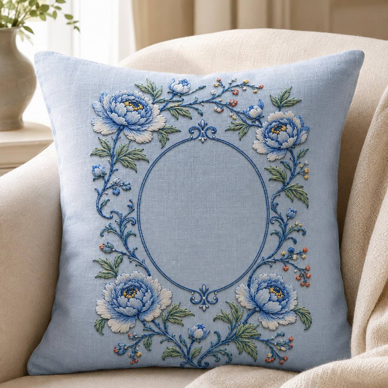Porcelain Blue Botanical embroidered project idea for the digital hand embroidery pattern and stitch guide