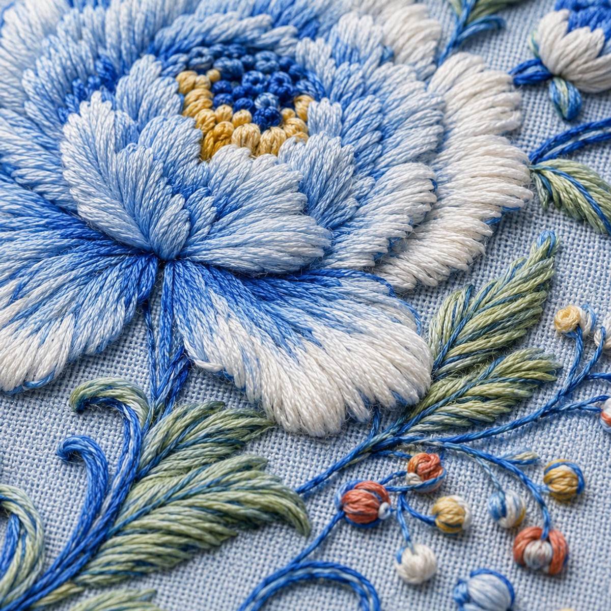 Porcelain Blue Botanical stitch detail closeup for the digital hand embroidery pattern and stitch guide