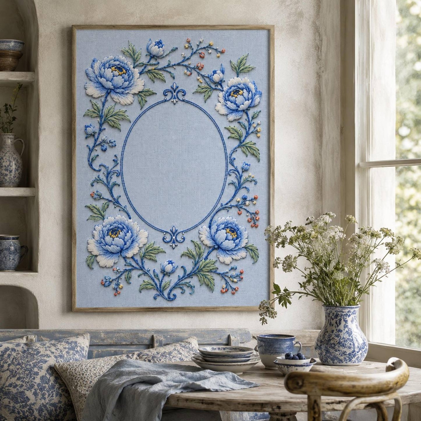 Porcelain Blue Botanical embroidery portfolio display for the digital hand embroidery pattern and stitch guide
