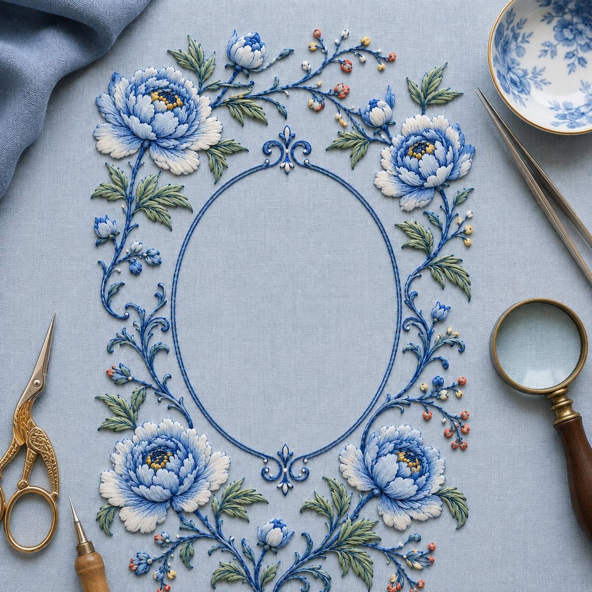 Porcelain Blue Botanical finished design flatlay for the digital hand embroidery pattern and stitch guide