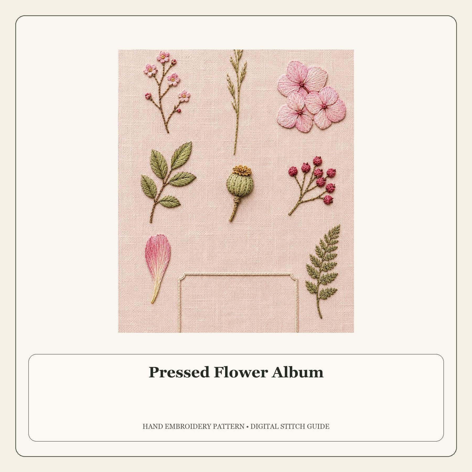 Pressed Flower Album stitch guide cover for the digital hand embroidery pattern and stitch guide