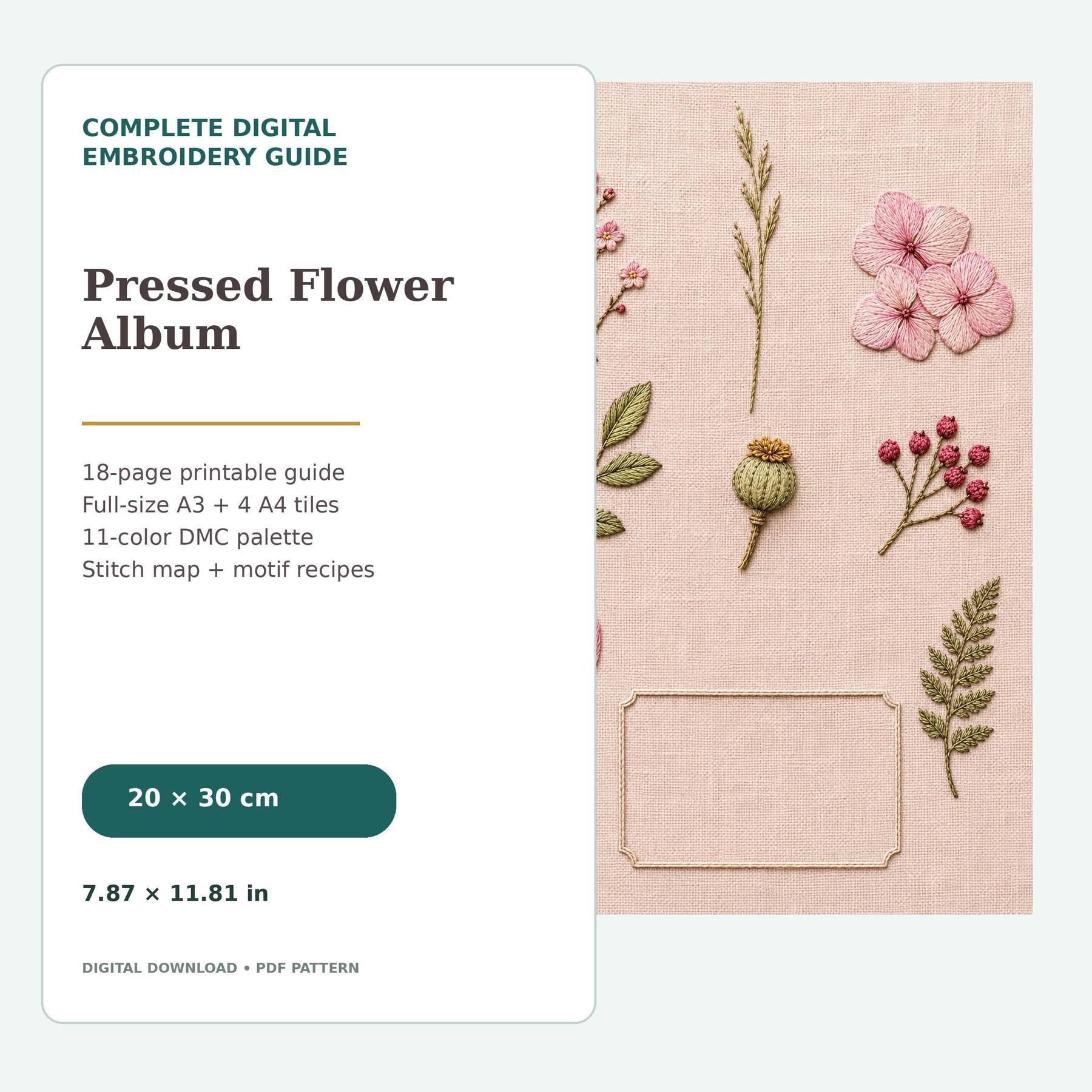 Pressed Flower Album pattern edition overview for the digital hand embroidery pattern and stitch guide