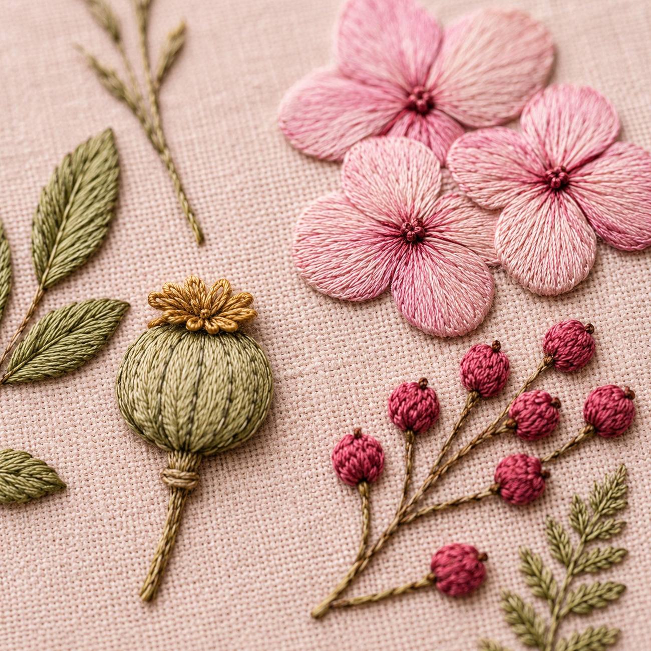 Pressed Flower Album stitch detail closeup for the digital hand embroidery pattern and stitch guide