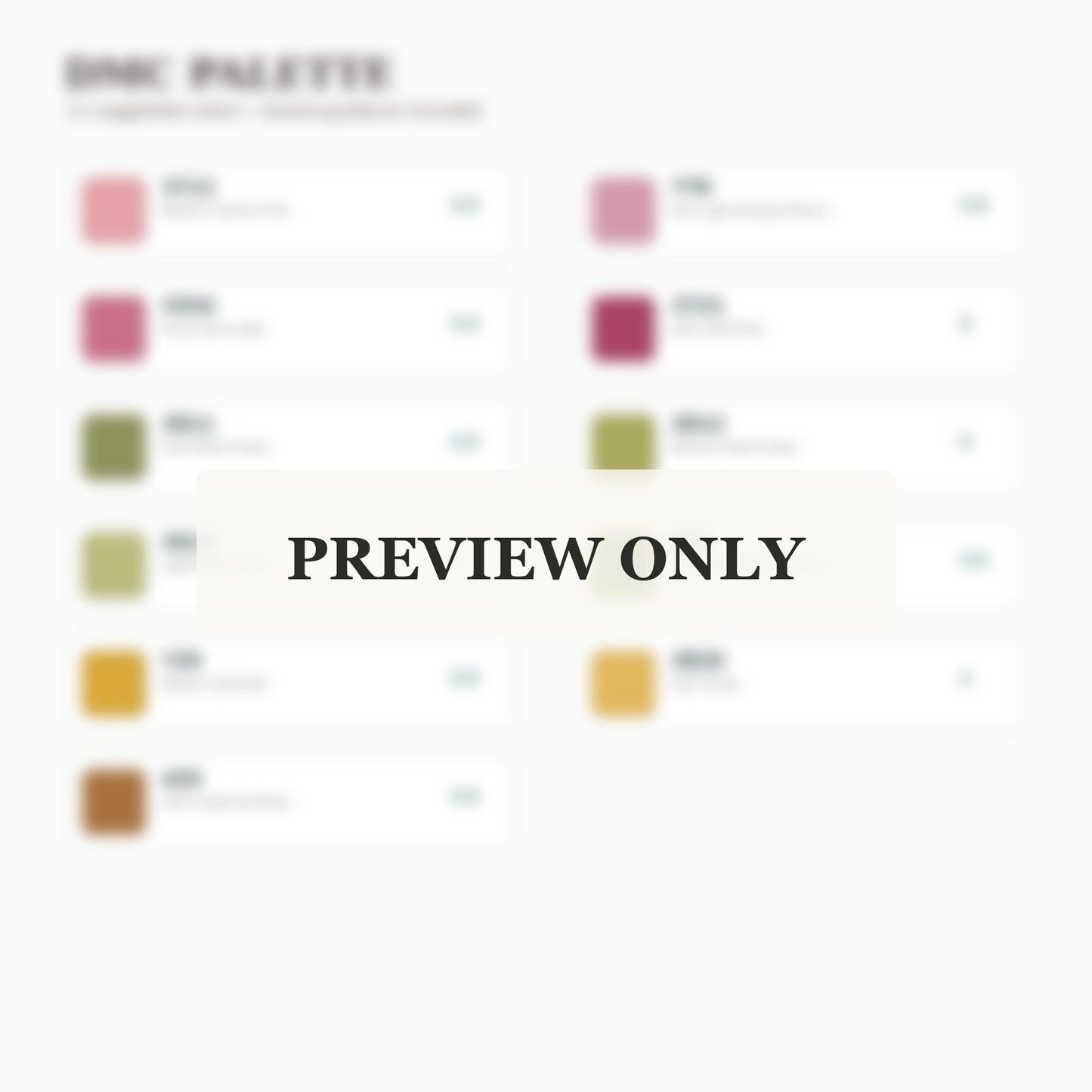 Pressed Flower Album dmc colour palette preview for the digital hand embroidery pattern and stitch guide