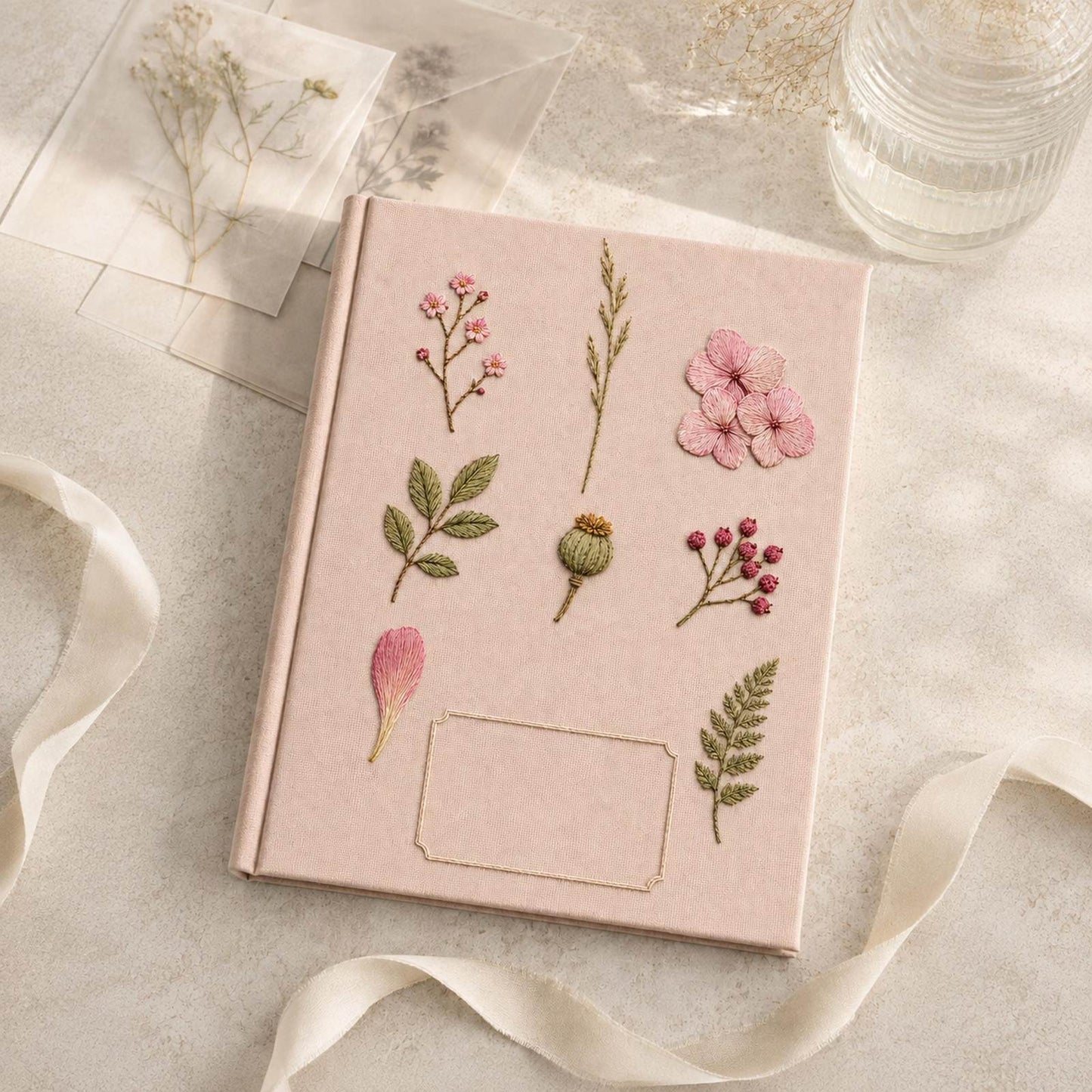 Pressed Flower Album framed textile display for the digital hand embroidery pattern and stitch guide