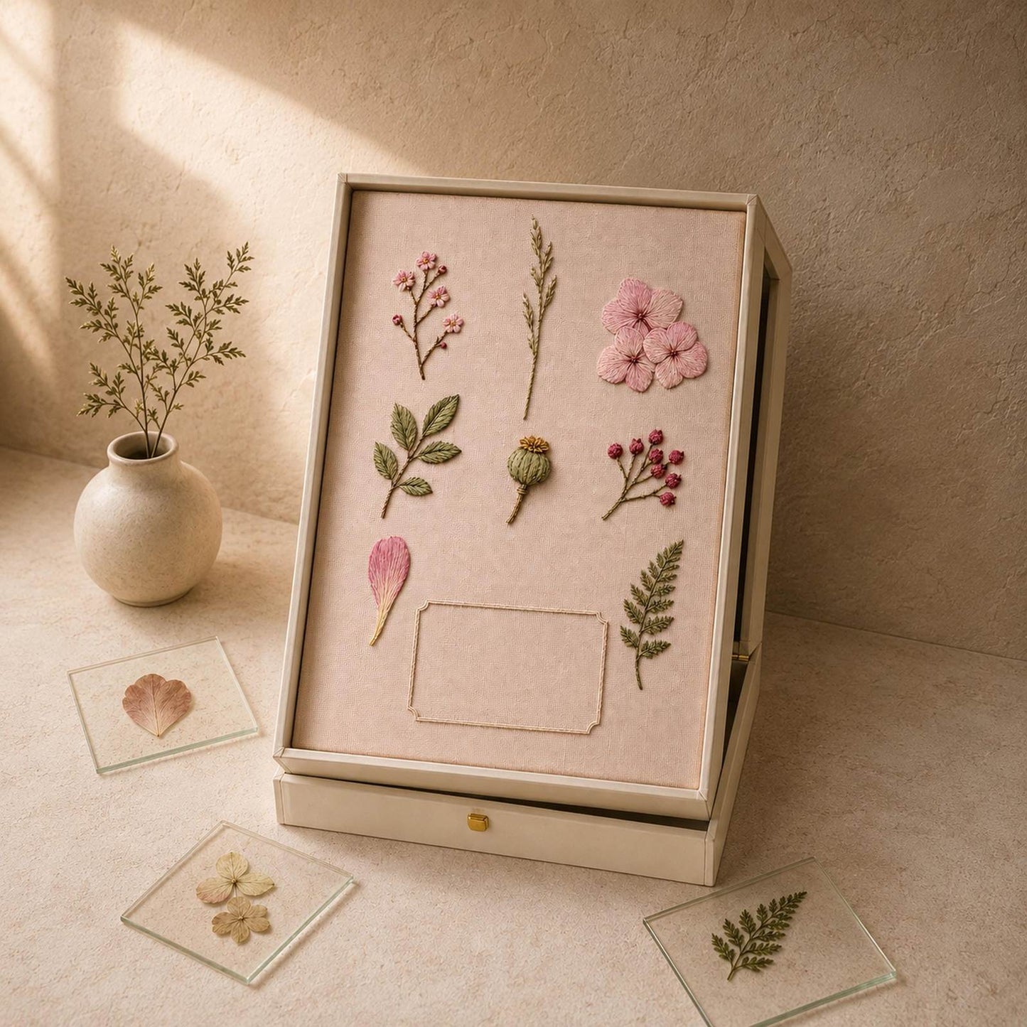 Pressed Flower Album embroidery portfolio display for the digital hand embroidery pattern and stitch guide