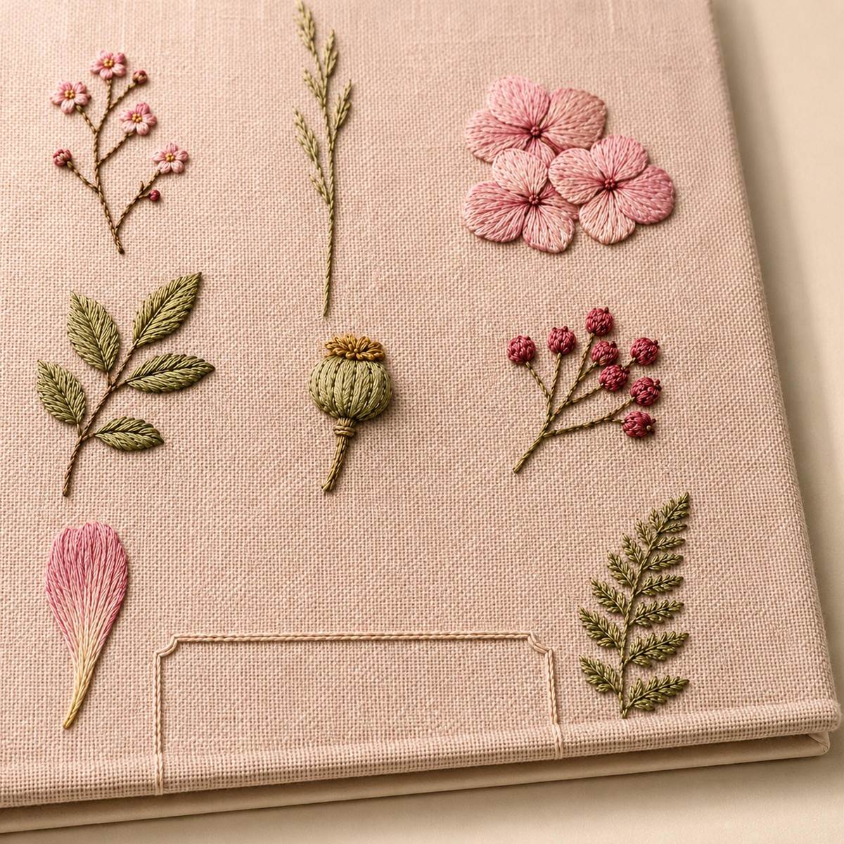 Pressed Flower Album finished design flatlay for the digital hand embroidery pattern and stitch guide