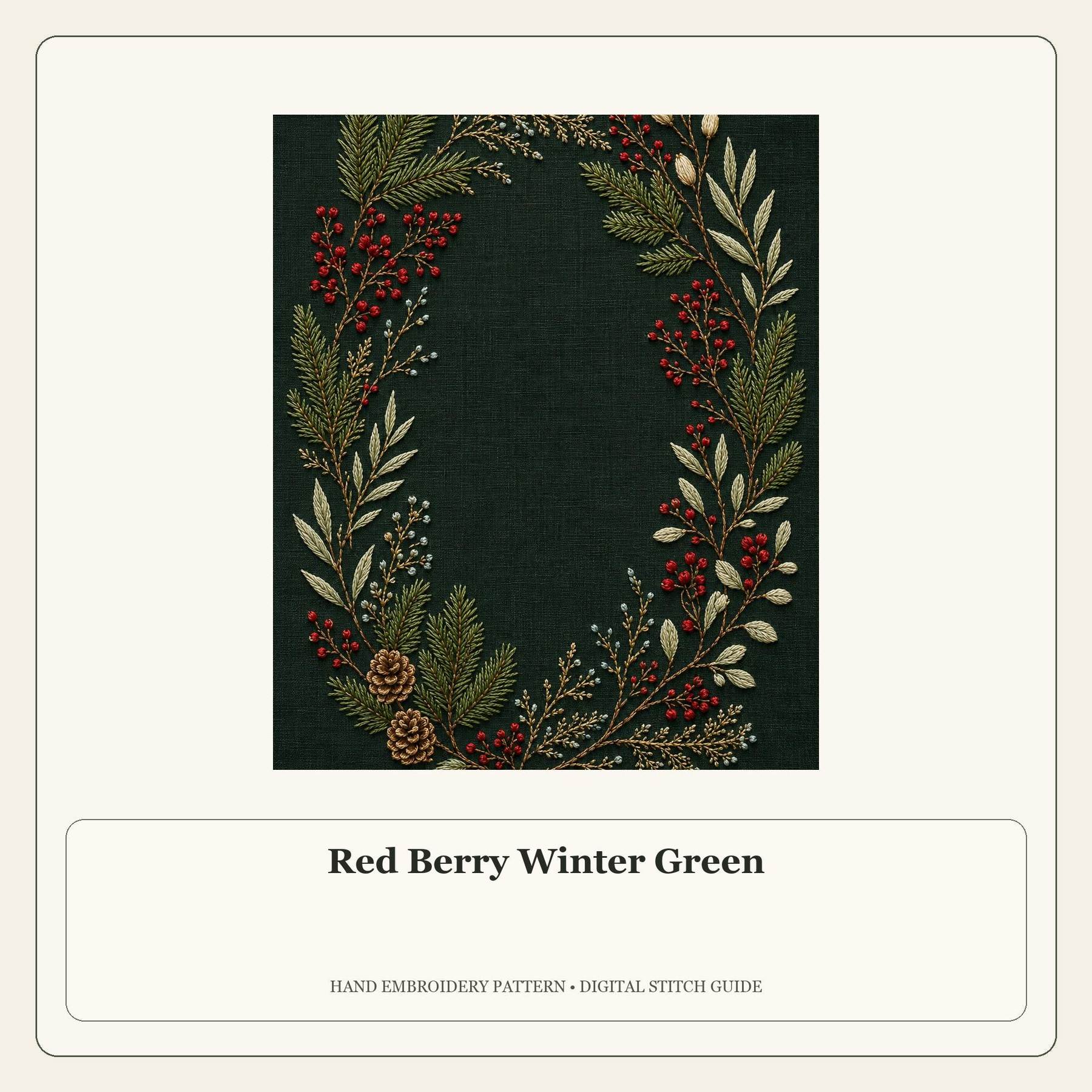 Red Berry Winter Green stitch guide cover for the digital hand embroidery pattern and stitch guide