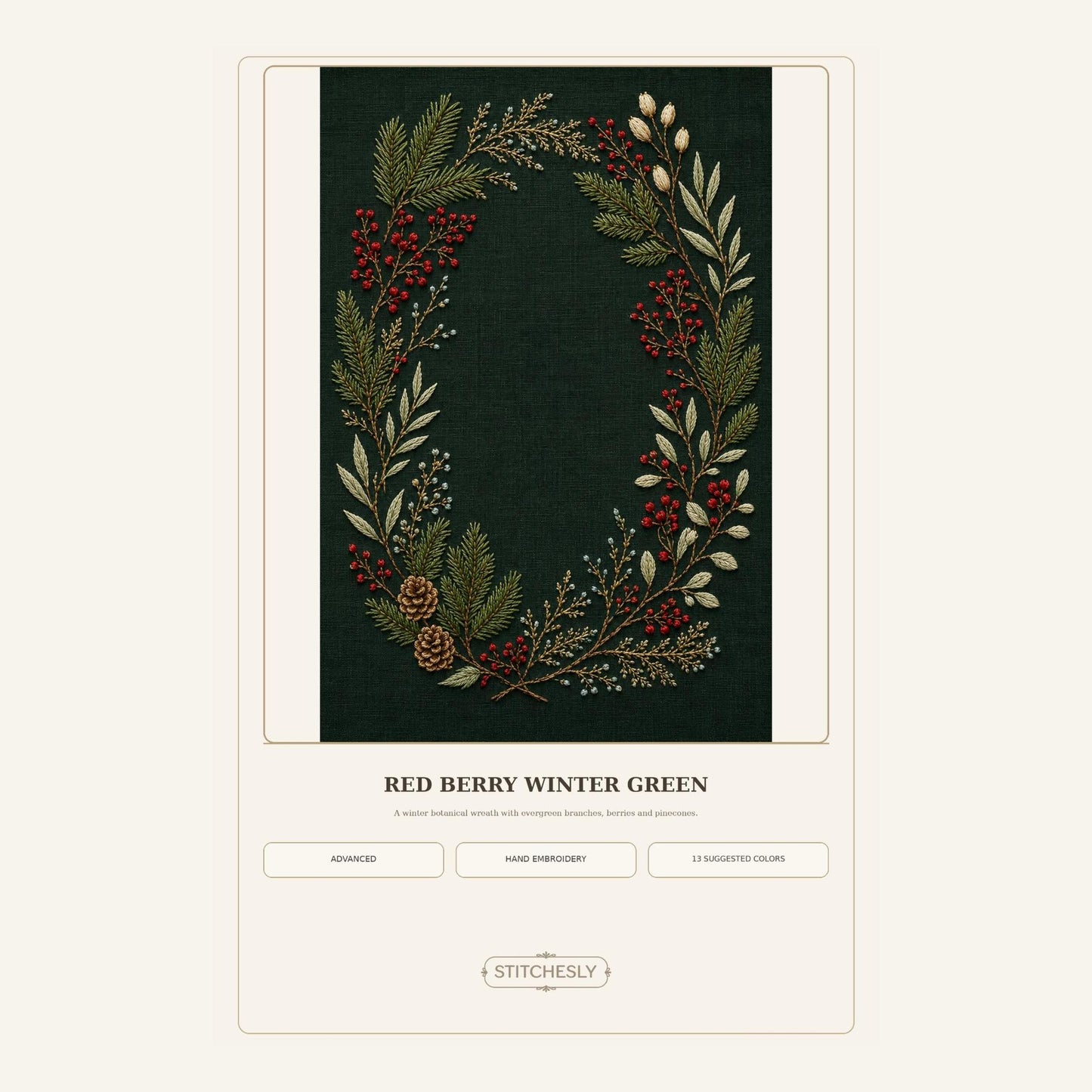 Red Berry Winter Green pattern edition overview for the digital hand embroidery pattern and stitch guide