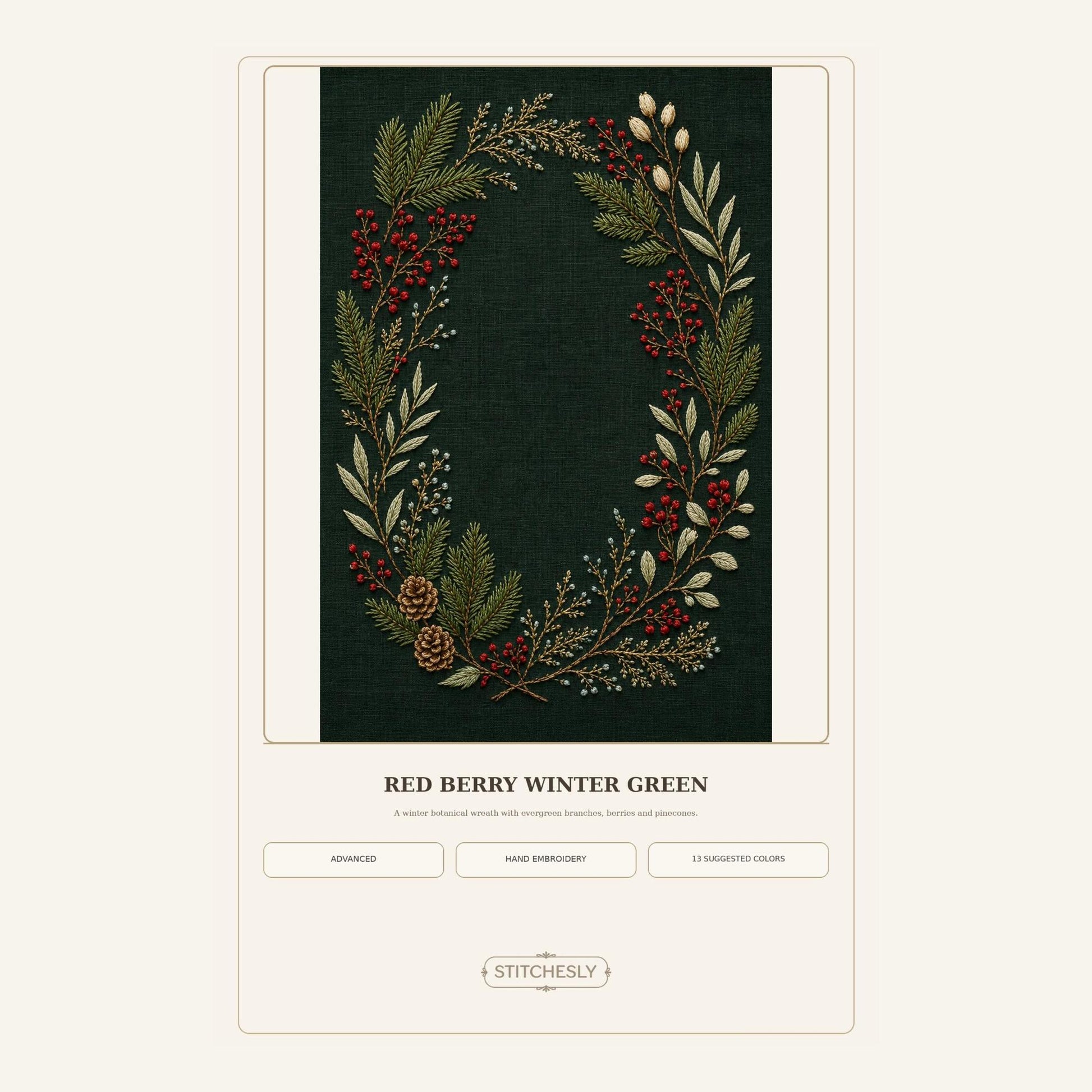 Red Berry Winter Green pattern edition overview for the digital hand embroidery pattern and stitch guide