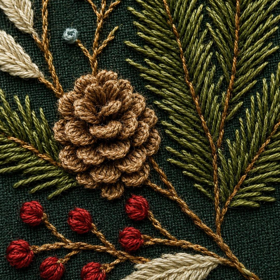 Red Berry Winter Green stitch detail closeup for the digital hand embroidery pattern and stitch guide