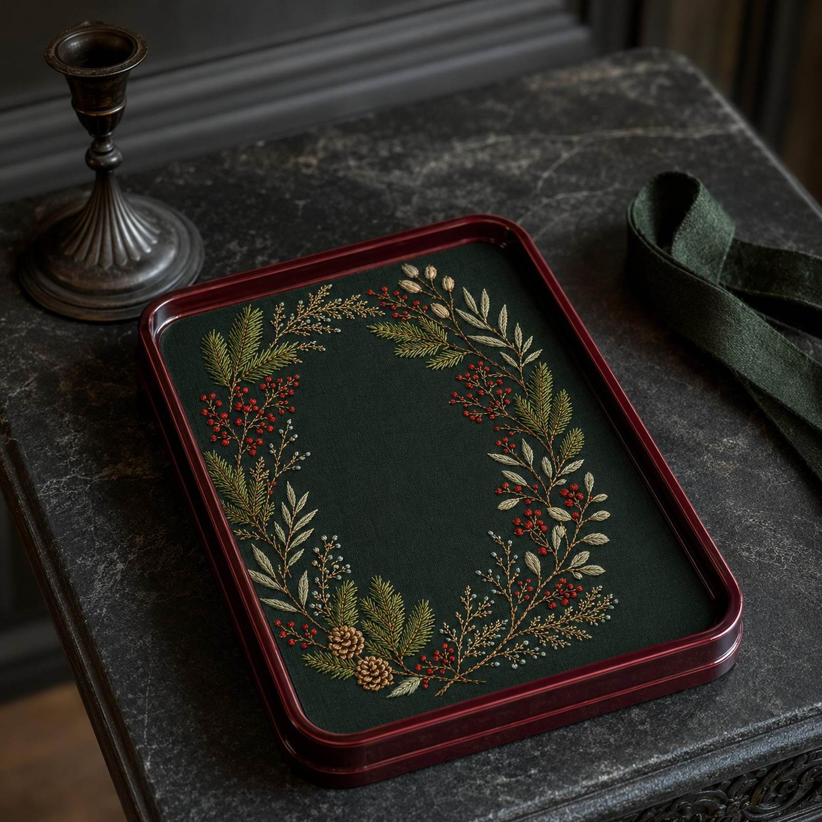 Red Berry Winter Green framed textile display for the digital hand embroidery pattern and stitch guide