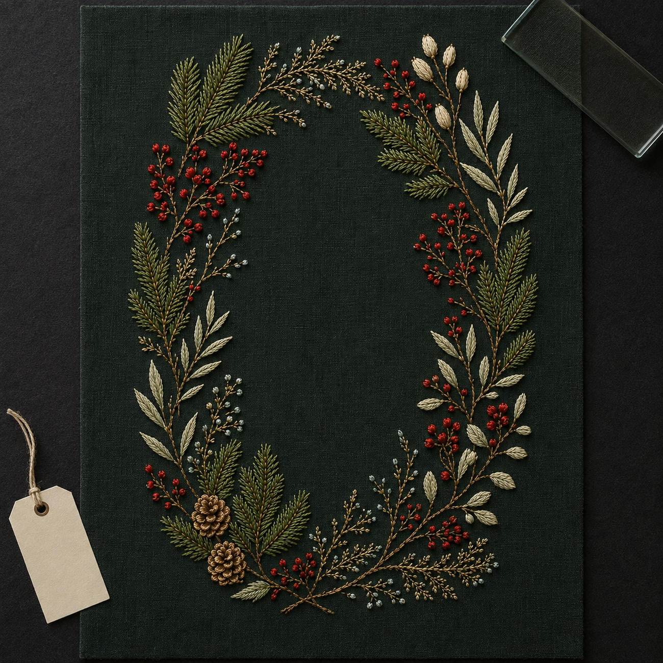 Red Berry Winter Green finished design flatlay for the digital hand embroidery pattern and stitch guide