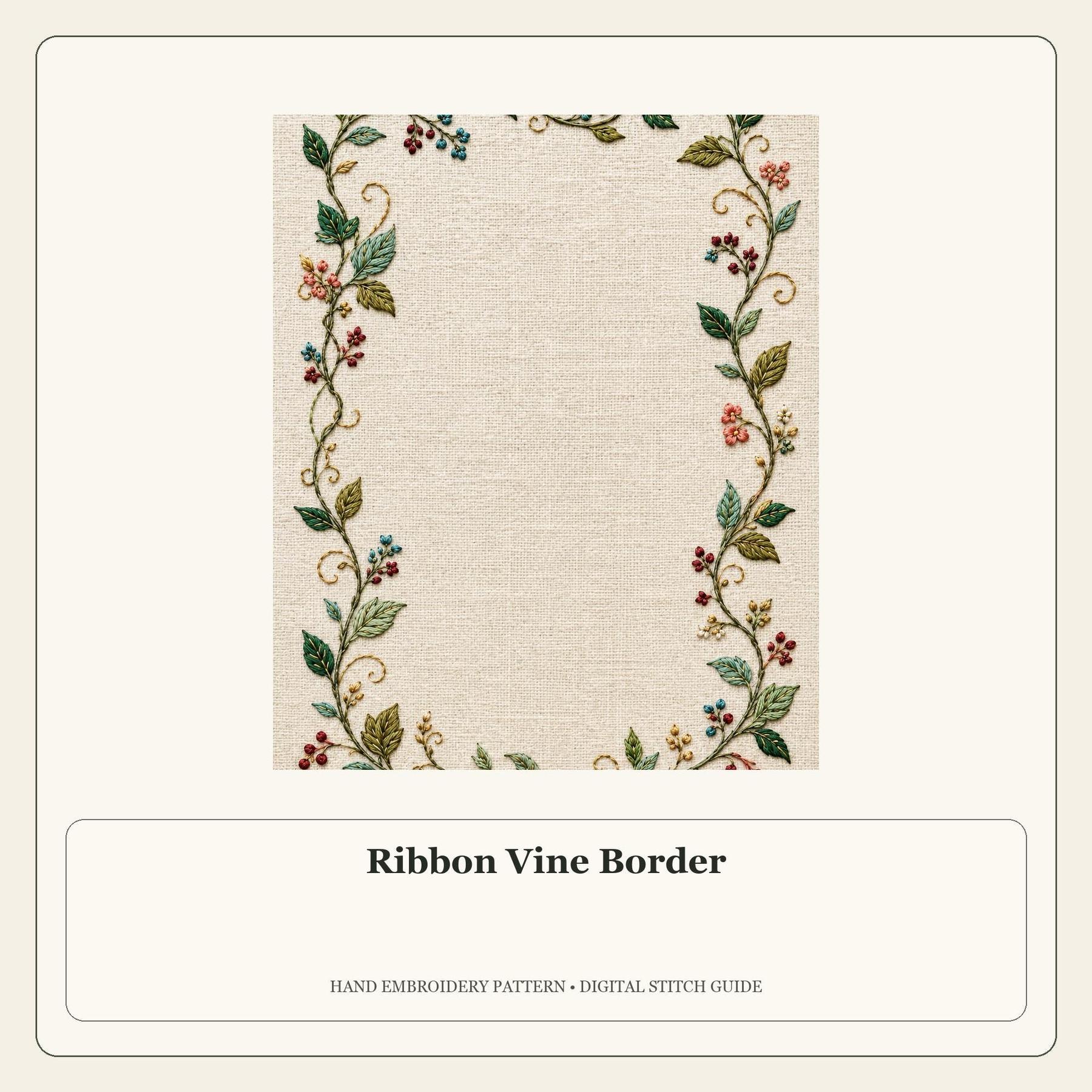 Ribbon Vine Border stitch guide cover for the digital hand embroidery pattern and stitch guide
