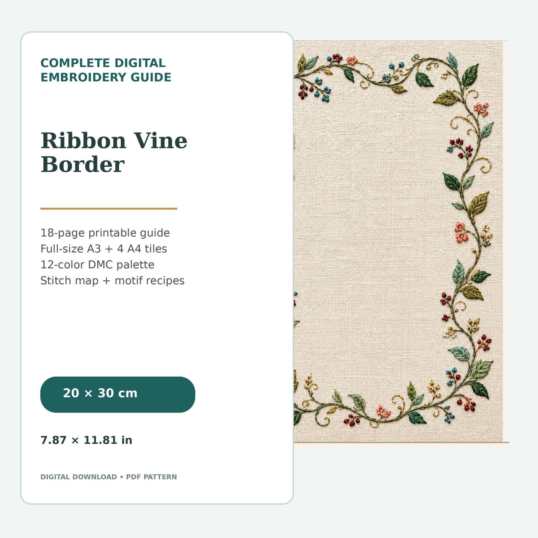 Ribbon Vine Border pattern edition overview for the digital hand embroidery pattern and stitch guide